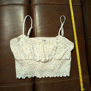 Cute Hollister White with Blue Flowers Ruched Crop Tank Top Size L